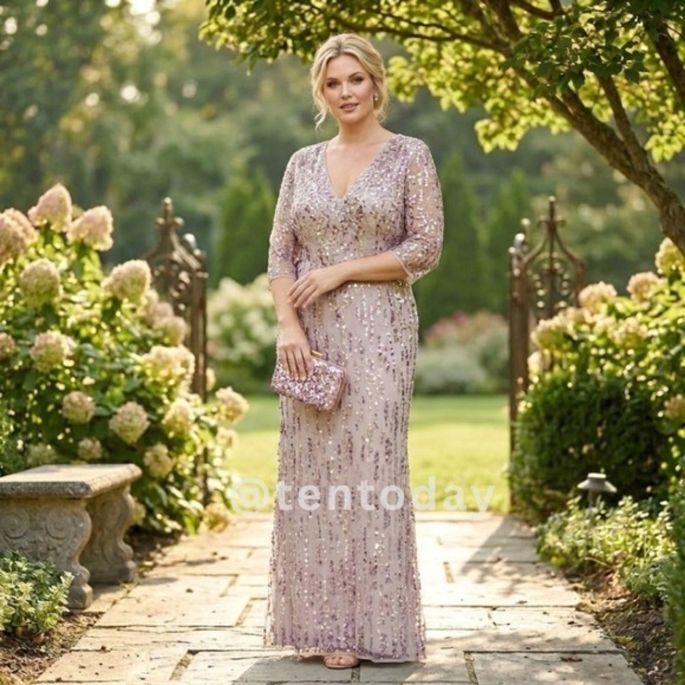 $698 Mac Duggal Size 14W 14 Lilac Purple Sequin 3/4 Sleeve Long Maxi Dress Gown